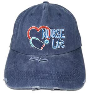 Think Positive Nurse Life Blue Red Baseball Cap Slideback OS Distressed Logo Hat